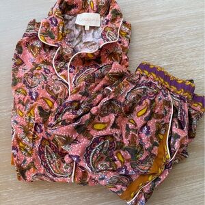 Carolina K Luxury Silky Pajama Set Loungewear Pink Paisley Rose Pattern XS